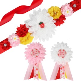 Cheerupp Strawberry Daisy Baby Shower Maternity Sash Kit - Strawberry Baby Shower Belly Belt and Mom to Be & Dad to Be Corsage Pins, New Parents Pregnancy Photo Props Party Supplies