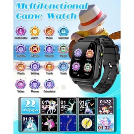 Waterproof Smart Watch for Kids 3-12 Years Old Boys Toys with 26 Games, Video Camera, Pedometer, Music Player, Alarm Clock, Flashlight, HD Touchscreen Toddler Watches Girls Birthdays Gifts - Color: Black