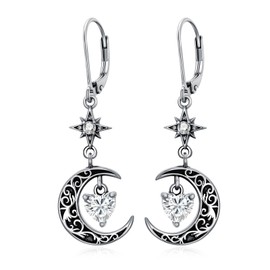 Flpruy Moon Star April Birthstone Earrings 925 Sterling Silver Black Crescent Moon with White CZ Heart Dangle Earrings Celestial Star Drop Earrings Hypoallergenic Gothic Jewelry Birthday Gifts