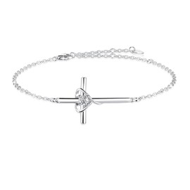 YZSFMZGE 925 Sterling Silver Cross Anklets for Women 14K White Gold Plated Cross Heart Anklet Adjustable Link Faith Religious Cross Jewelry Confirmation Gift for Festival Vacation