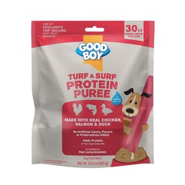 Good Boy Turk & Surf Protein Purees Dog Food Mixers for All Adult Dogs, 30 Count, Easy Single-Serve Triple Flavor Topper Treats with Chicken, Salmon and Duck