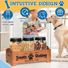 Dog Treat Container Dog Food Container for Dog Food Storage, Farmhouse Cat Food Container Pet Food Storage Organizer, Wood Dog Treat Holder with 3 Plastic Cat Dog Treat Jars, Brown Cat Treat Container