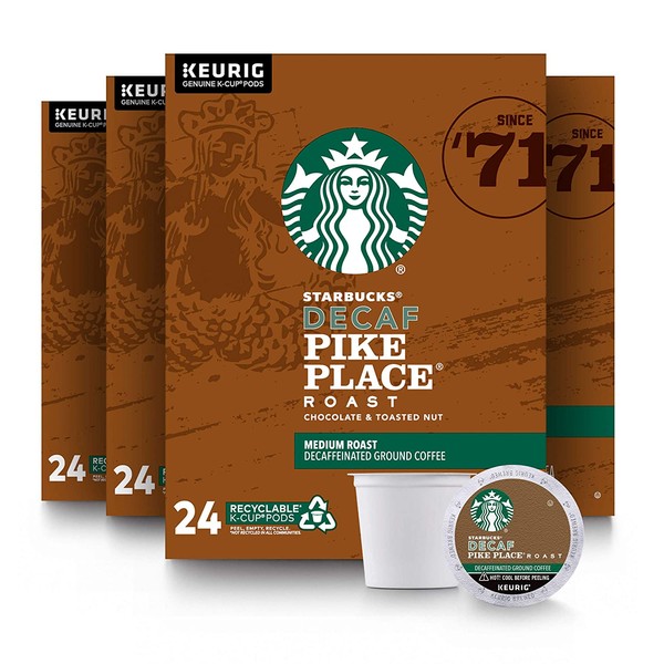 Starbucks Decaf K-Cup Coffee Pods — Pike Place Roast for Keurig Brewers — 4 boxes (96 pods total)