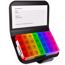 JFA Medical Weekly Small Travel Pill Box Organiser/Reminder for Medicines Supplements, Vitamins, 7days, 4 compartments per Day – Morning, Noon, Evening and Bed.