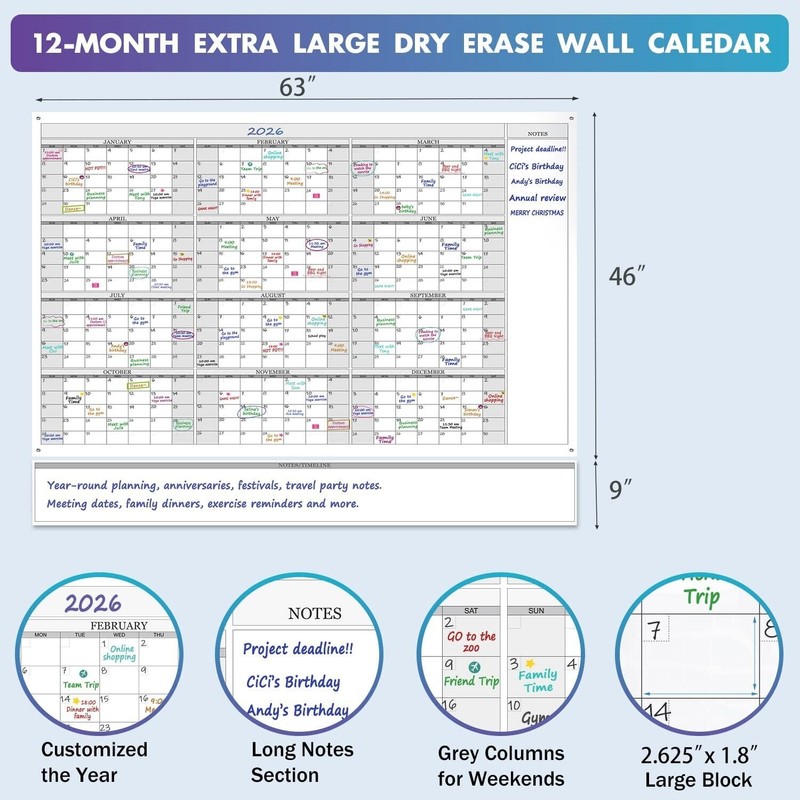 Party Funny Jumbo Dry Erase Yearly Whiteboard Wall Calendar, 55"