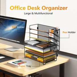 SUPEASY 7 Tier Desk Organizer, 4 Tier Paper Organizer + 3 Tier File Holder with Pen Holder, Desk Organization and Storage for Home Office, Black