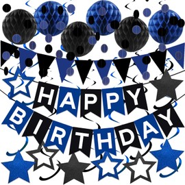 Black Blue Birthday Decorations, Black & Blue Happy Birthday Banner Honeycomb Balls Circle Garland Triangle Banner Stars Hanging Swirl Decoration Kit for HBD‌ Party Decorations