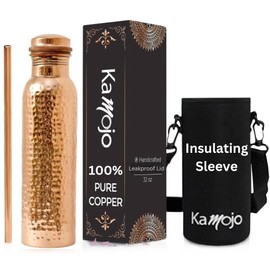 Kamojo Copper Water Bottle for Drinking - Hammered 100% Pure Copper Tumbler with Leak Proof Lid, Removable Insulating Sleeve & Straw - Handcrafted Ayurvedic Cup for Water 32 fl oz
