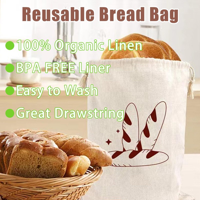 Pack of 2 Reusable Bread Bags, Natural Linen Bread Bags,