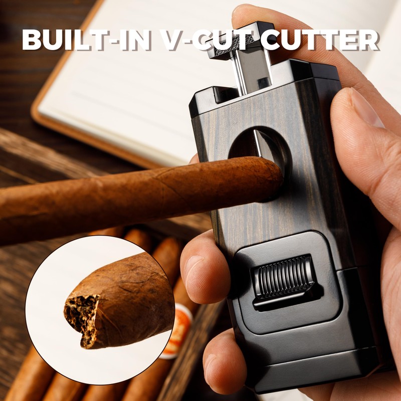 Woodronic Cigar Lighter with V-Cut Cigar Cutter and Cigar Holder,