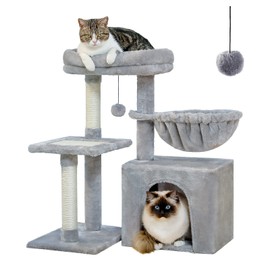PEQULTI Small Cat Tree, [28.5''] Cat Tower for Indoor Cats, 2 Styles Cat Activity Tree with Cat Scratching Posts, Big Hammock and Removable Top Perch Grey
