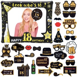 POPOYU 18th Photo Props for 18th Birthday, Pack of 33 Photo Props and Inflatable Frame, Photo Box Accessories, Birthday for 18th Birthday, Men, Women Decoration, Photo Frame Party Photo Booth Props