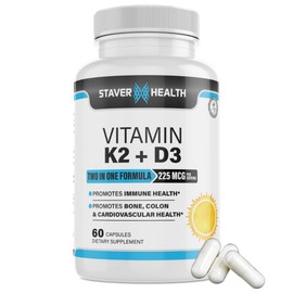 Staver Health Vitamin K2 D3 w/Calcium and Bioperine, Vitamin K2 (MK7) with D3 Supplement Non-GMO, Vitamin D3, Vitamin K2 MK-7 Easy to Swallow Vitamin D & K Complex, 60 Capsules