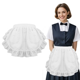 AffeGifts White Apron for Women with 2 Pockets, Half Waist Apron Short Frilly Maid Apron for Waitress Costume Cooking Kitchen Restaurant Party