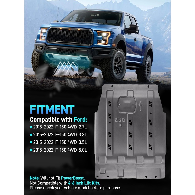 Transmission Skid Plate Compatible with 2015-2022 Ford F150 4WD 2.7L