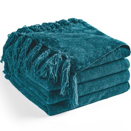 LONG CREATE Chenille Throw Blanket for Couch 60"X 80" Twin, Soft Cozy Throw Blanket with Fringe Tassel for Bed Sofa Chair, Lightweight Knitted Decorative Farmhouse Boho Blanket for Gift, Teal