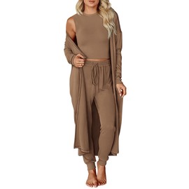 KIRUNDO Women's Fall 3 Piece Outfits Casual Long Sleeve Long Cardigan Sleeveless Crop Top Drawstring Pants Lounge Sets(Khaki, Medium)
