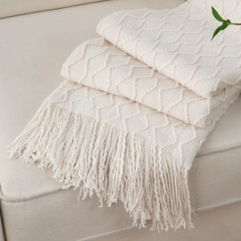 BATTILO HOME Ivory White Throw Blankets for Couch, Off White Lightweight Decorative Blankets and Throws, Boho Warm Knit Blanket for Men and Women, 50"x60"