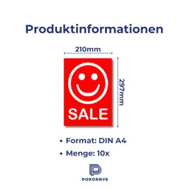 Pokornys 10 x DIN A4 advertising poster "SALE" as a customer stopper for various shops I advertising sign/stand for promotional items and reduced goods I discount poster in red/white with Simley