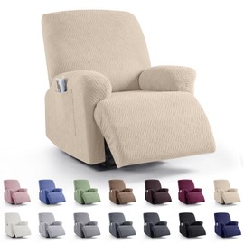 KinCam Recliner Covers, Stretch Reclining Chair Covers, Recliner Sofa Slipcovers Stripe Jacquard Recliner Couch Covers Furniture Protector Covers for Pet Kid (1 Seater, Vanilla)