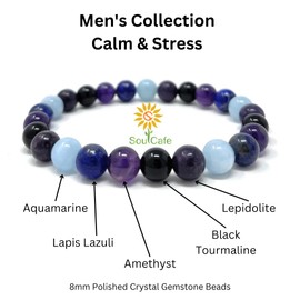 SoulCafe Men's Stress Relief and Calm Emotions Crystal Bead Bracelet - Crystal Gemstone Stretch Bracelet - Gift Box & Tag