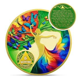 Artsy Six Month Sobriety Coin - Colorful Butterfly Tree of Life AA Coins - Recovery Addiction NA AA Chips and Medallions - 1-20 Years Clean Narcotics Alcoholics Anonymous Gifts for Men Women