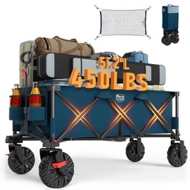 TIMBER RIDGE 51.2" Extended Collapsible Wagon - Heavy-Duty Utility Cart with All-Terrain Wheels, Brakes & Cargo Net, 400L Capacity for Camping, Sports & Shopping, Blue