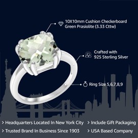 Gem Stone King 925 Sterling Silver Green Prasiolite Double Prong Ring For Women (3.33 Cttw, Cushion Checkerboard 10MM, Available In Size 5, 6, 7, 8, 9)