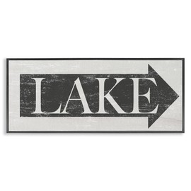 Stupell Industries Lake Arrow Sign Grey and White Distressed, Design by Daphne Polselli Black Framed Wall Art, 13x30, Gray