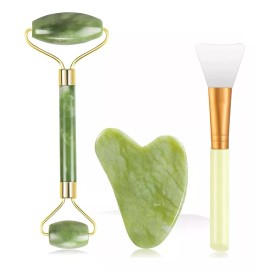 KFMX Kit Rodillo Jade Guasha Y Espátula Aplicadora Facial Cuidado
