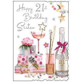 Sister 21st Birthday Card - Special Sister - Age 21 - Artistic Feminine Design - Party Drinks - Special Finishes and Illustrated Insert Leaf - Made in the UK