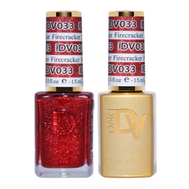 DAISY DND DND Gel Diva Polish Set, Mirrorball Collection, UV/LED Gel Polish and Air Dry Nail Lacquer, Matching Chip-Free Polish Duo, Red033 Firecracker, 0.5 Fl Oz Each