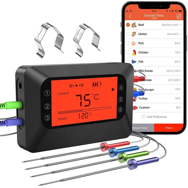 BFOUR Meat Thermometer, Wireless Bluetooth Thermometer 4 Colored Probes Digital Cooking Thermometer with Large Backlight Display, 12 Preset Meat Modes, Timer, Alarm for Smoker, Oven, Grill, BBQ