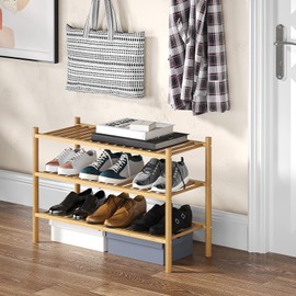 Fibogollo Shoe Rack, 3-Tier Stackable Shoe Organizer, Bamboo Wood Shoe Shelf Storage for Hallway, Entryway, Closet(Natural)