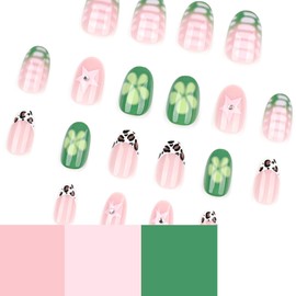 Leopard Print French Tip Press on Nails Medium Almond Fake Nails Rhinestone Flower Line Star Designs Acrylic Nails Green Floral False Nails Full Cover Glue Nails for Women Girls Manicure Decor 24PCS
