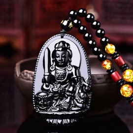 clin-kk Buddha Pendant Necklace Bodhisattva Amulet Talisman Made of Obsidian Gemstone Women or Men