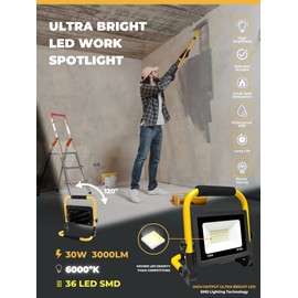 LED Construction Spotlight 30 W, 3000 LM, LED Work Light with Plug 3 m, Construction Spotlight, Waterproof IP65, White 360º Rotating Lighting 6000 K for Outdoors, Workshop Work, Garage