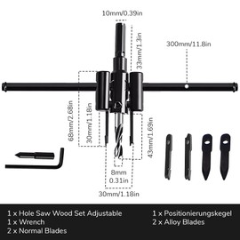Circle Cutter Adjustable Circular Cutter Wood Woodworking Tools 30-300 mm Hole Saws Adjustable Metal for Wood, Plasterboard, Plastic, with 4 Blades, Wrench and Positioning