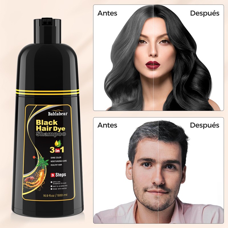 Black Hair Dye Shampoo 3 in 1, Shampoo Tinte para