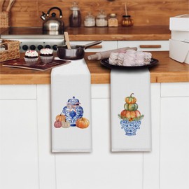 Elefeltclave Fall Chinoiserie Pumpkin Kitchen Towels, Blue and White Chinoiserie Autumn Pumpkin Dish Tea Towels for Kitchen Decor, Fall Grand Millenial Decorative Hand Towel, 16x24 Inch Set of 2