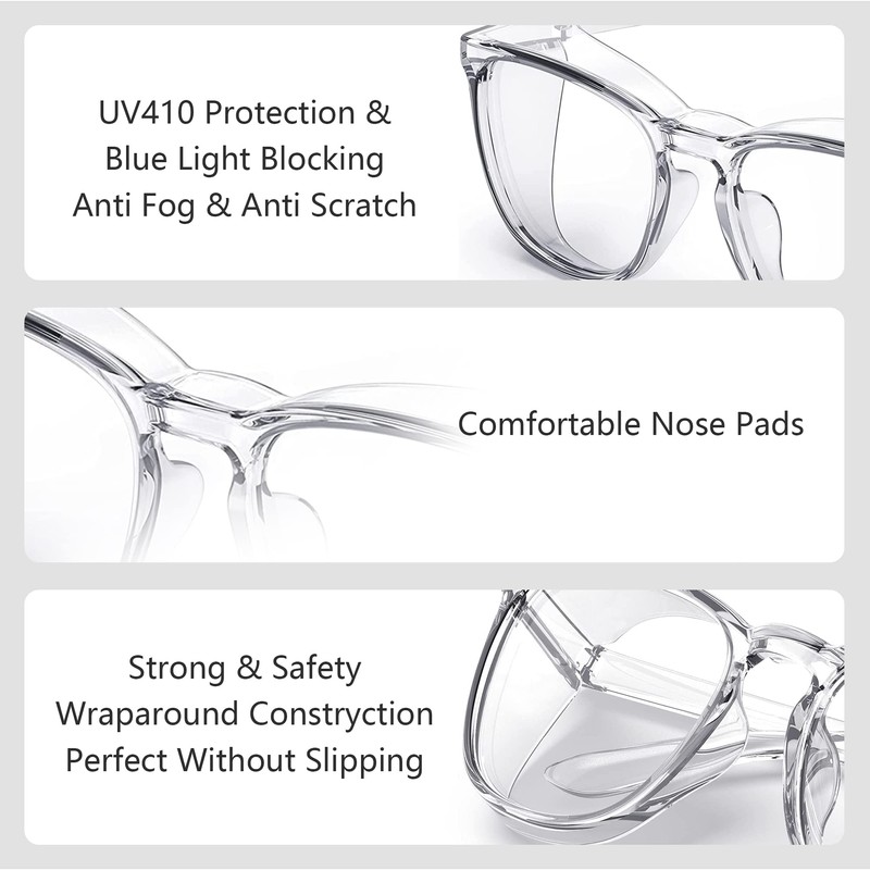 Stylish Safety Glasses, Clear Anti-Fog Safety Goggles with Blue Light