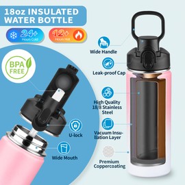 Insulated water bottle with Straw,18oz Stainless Steel Water Bottle for Adult Kids,Double Wall Vacuum Wide Mouth Insulated Water Bottle for School,BPA-free and Leak-proof（18oz,Pink White）