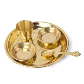 SATVIK (4.5-5 Inch) 4 Pc Ladoo Gopal Brass Bhog Thali Set – Embossed Kanha, Multiple Sizes, Lightweight Pooja Plate for Rituals & Festivals