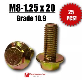 Redding Fasteners (QTY 25) M8-1.25 x 20 MM Metric Hex Flange Bolts Grade 10.9 Screws Zinc Yellow