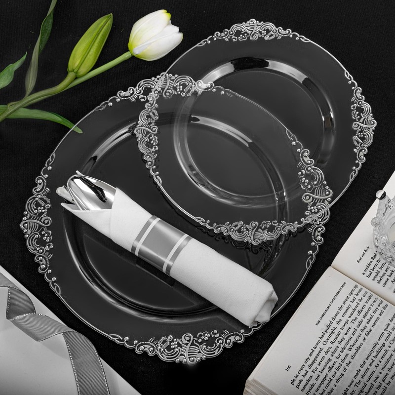 Morejoy 350PCS Clear Silver Plastic Plates - Silver Disposable Plates