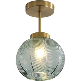 KCO Lighting Nordic Green Glass Ceiling Light Ribbed Glass Ceiling Light Fixtures Modern Globe Semi Flush Mount Ceiling Light Mid Century Gold Bathroom Flush Mount Ceiling Light