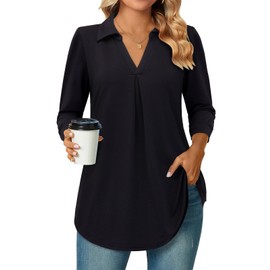 Bulotus Business Casual Tops for Women, Tunic Tops for Women Loose Fit Dressy Women's 3/4 Length Sleeve Tops Collared V Neck Casual Blouse Long Shirts to Wear with Leggings, Black, L