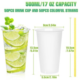 50 Piece Party Cups Set 500 ml Drinking Cups Plastic with 50 Pieces Straw, Plastic Cups Reusable Shatterproof Plastic Cups 0.5 L Plastic for Drinks Parties, Restaurants Birthday, Wedding, Camping