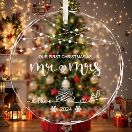 First Christmas Married Ornament 2024 Christmas Decorations Indoor Outdoor Mr and Mrs Gifts Glass Ornaments for Christmas Tree Home Decor Gifts for Women Stocking Stuffer Ideas