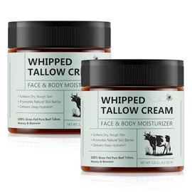 Paquete de 2 unidades de sarga de res para piel, sebo y bálsamo de miel, hidratante totalmente natural que hidrata y nutre la piel, profundamente hidratante para la cara y el cuerpo, sopa de res batida alimentada con pasto orgánico y cera de abeja de miel